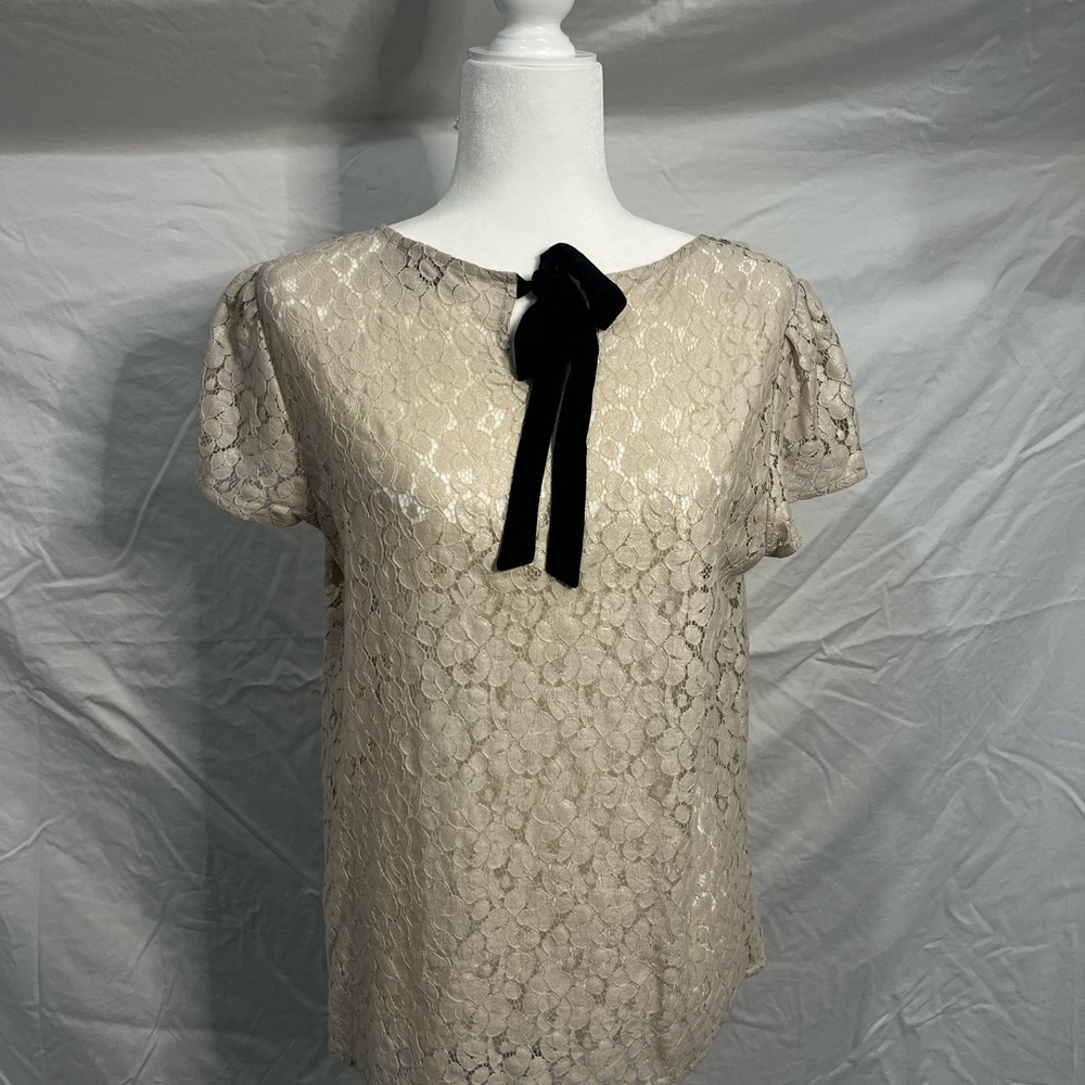 LOFT Beige Lace Blouse with Black Bow